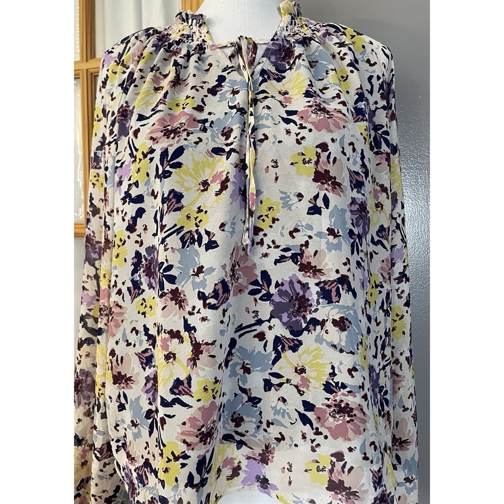 Boho Floral Blouse Pullover XL Yellow Pink Balloon Sleeve Cottage Boho Party